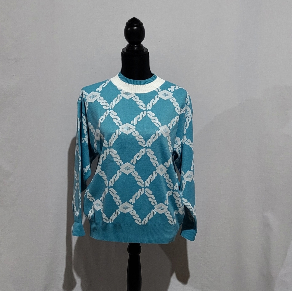 Honors sweater vintage 1980s shirt blue white chain link pattern pull over USSR